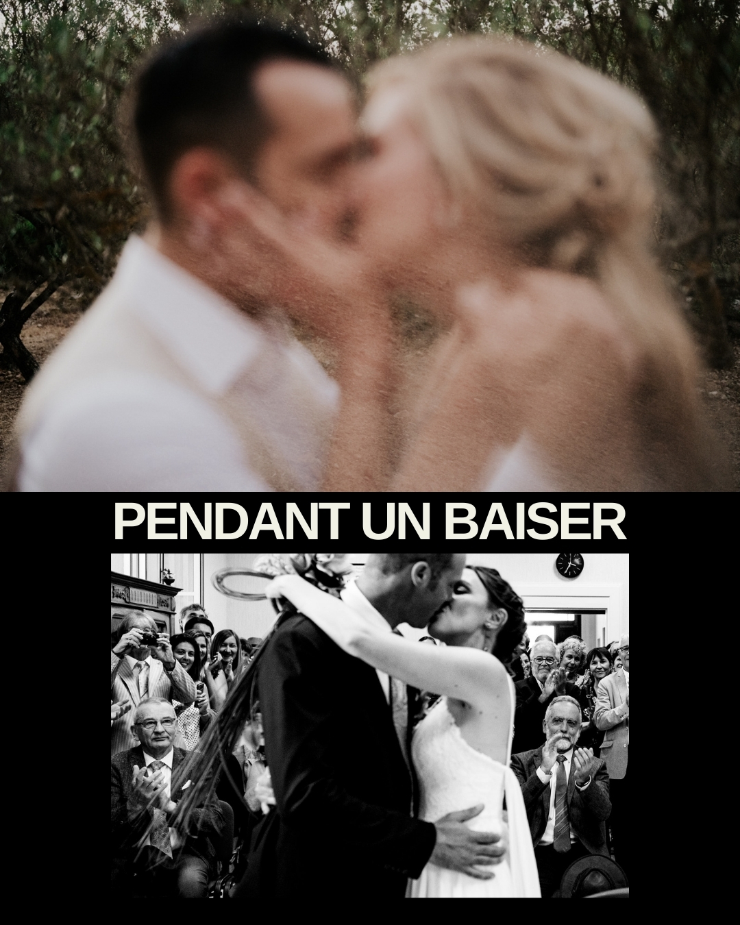 Photo floue artistique d’un baiser de mariés, suivie d’un baiser à la mairie, reportage photo mariage Toulouse.